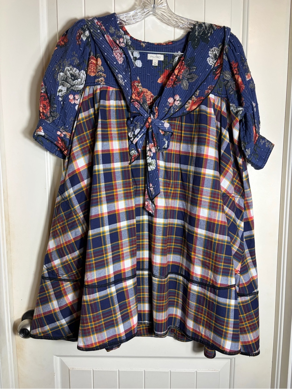 Pilcro Navy Floral and Plaid Babydoll Cotton Dress Size Small